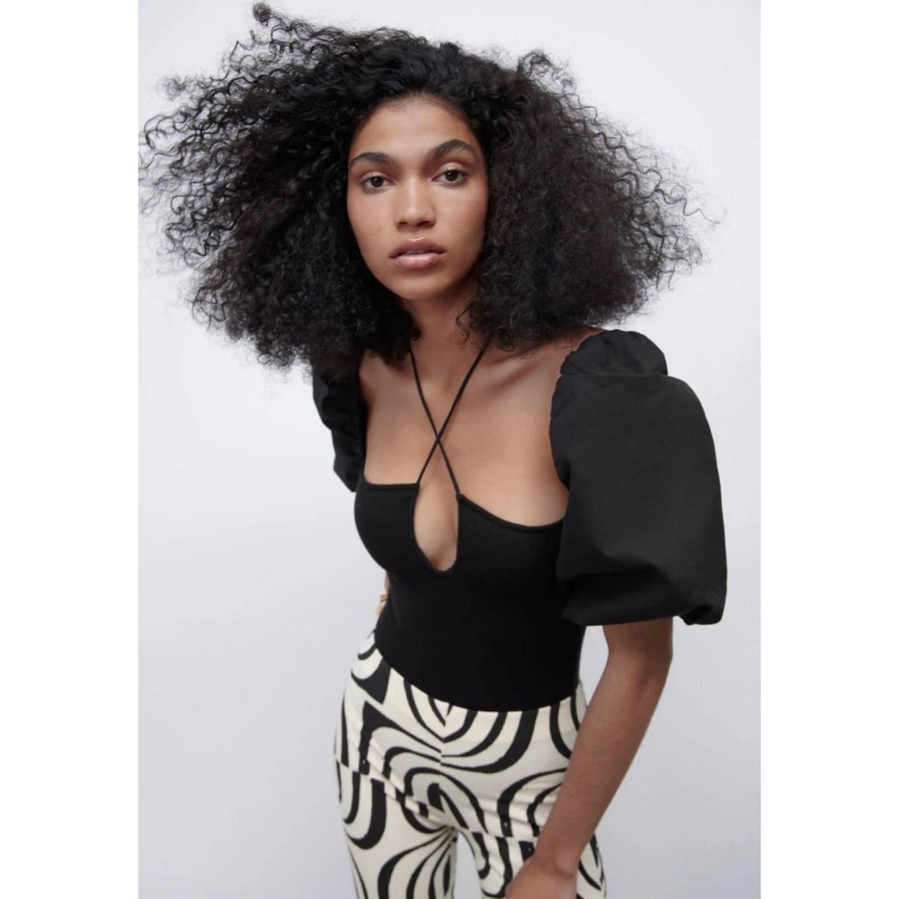 Zara Black Ribbed Puff Sleeve Bodysuit Halter Tie Keyhole Neck Size M NWT